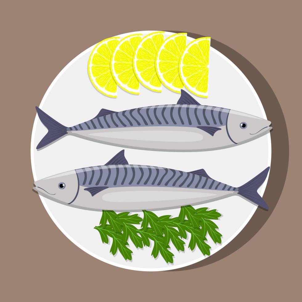 Fishes on white plate with lemon and herbs. Cooking of mackerel. Vector flat illustration.