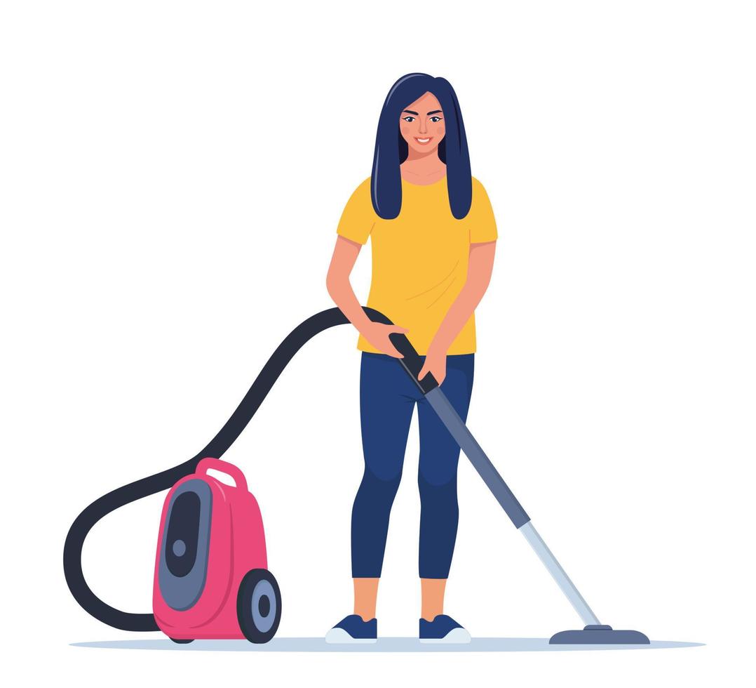 Woman Enjoy Cleaning House with Vacuum Cleaner. Smiling girl cleans the house. Woman character vacuuming the floor. Cleaning service. Housekeeping. Vector illustration.