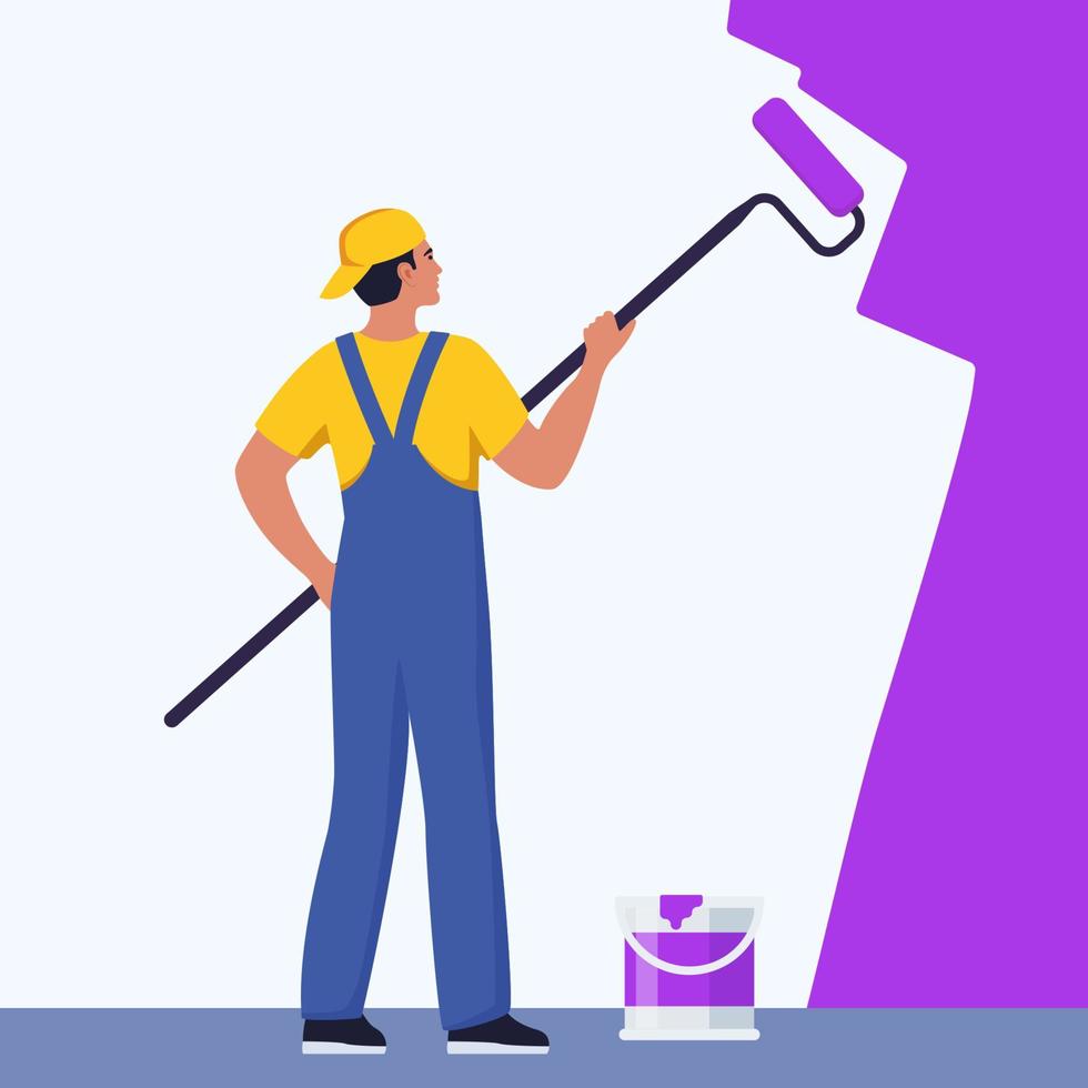Painter man painting house wall with roller brush. Worker guy using paint-roller and paint cans. Decorator job, interior renovation service. Flat vector character illustration.
