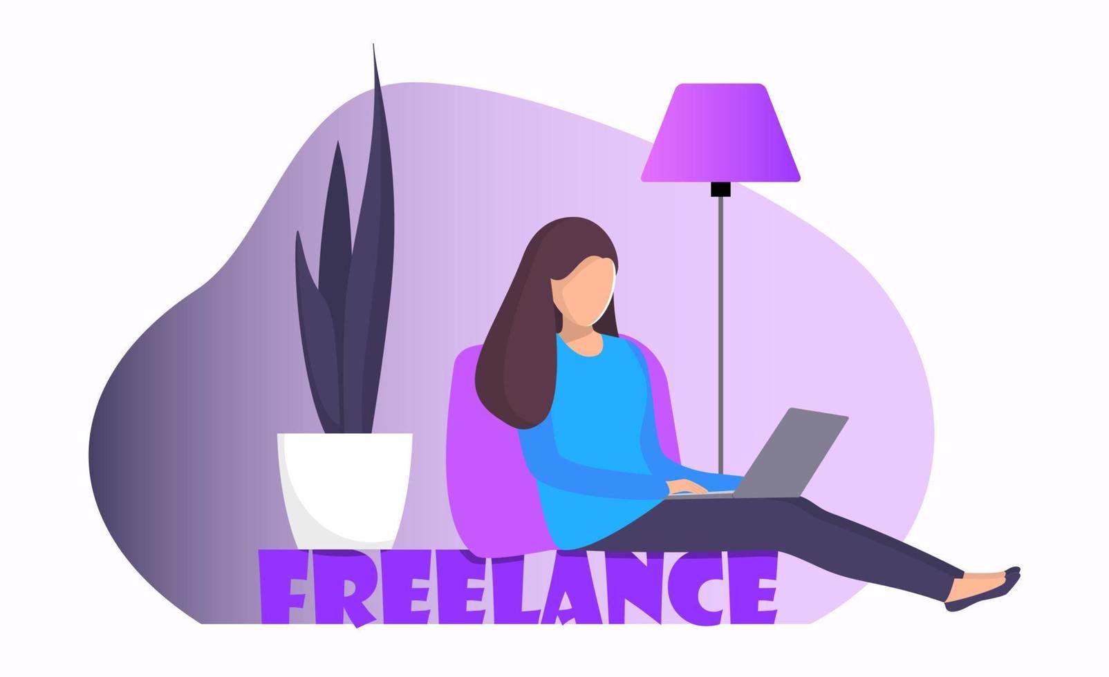 Woman freelancer sitting at home with laptop. Girl with laptop doing remote work. Online freelance work concept illustration for web page or mobile app. Modern flat style vector. vector