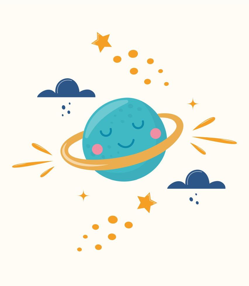 Cute planet character. Cartoon illustration for children's fashion fabrics, textile graphics, prints, cards. Colorful vector illustration.