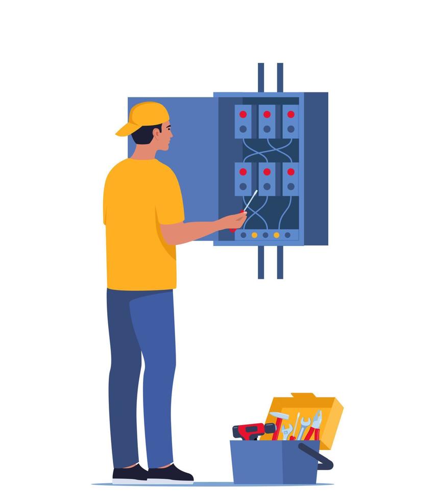 el trabajador electricista revisa y repara el cuadro eléctrico. reparación de viviendas, concepto de seguridad eléctrica. ilustración vectorial vector