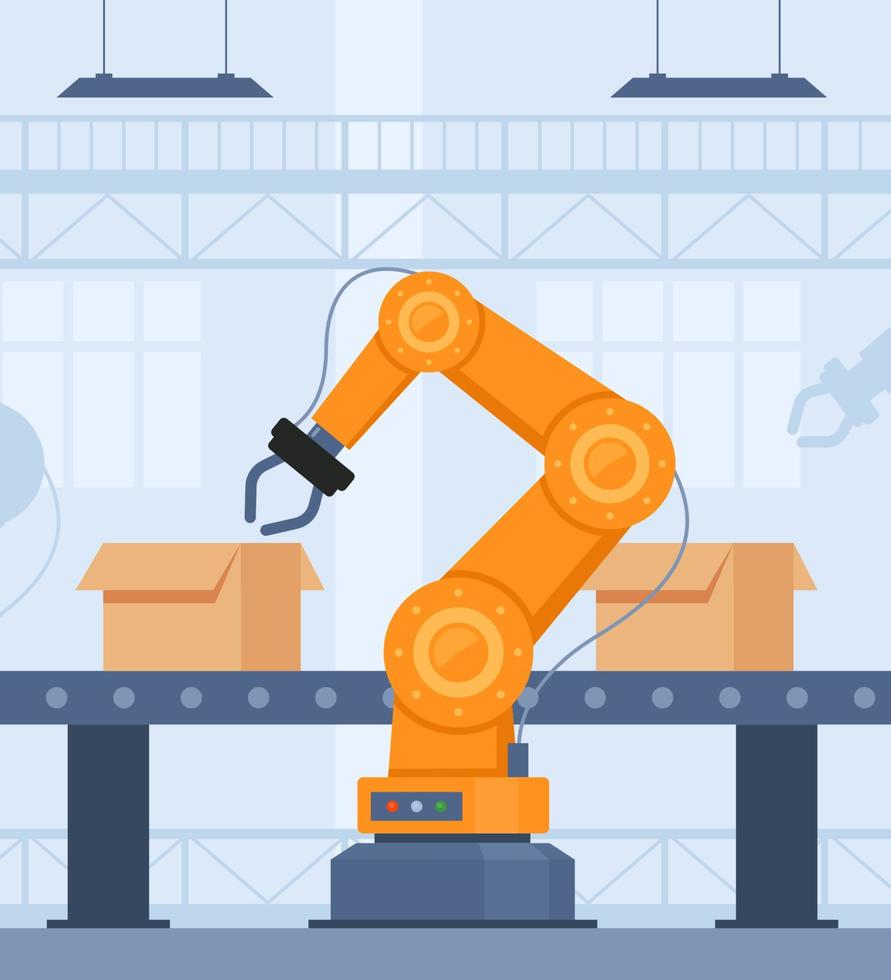 Automation production line with robot technologies. Robotic arms collect goods in boxes. Vector illustration.
