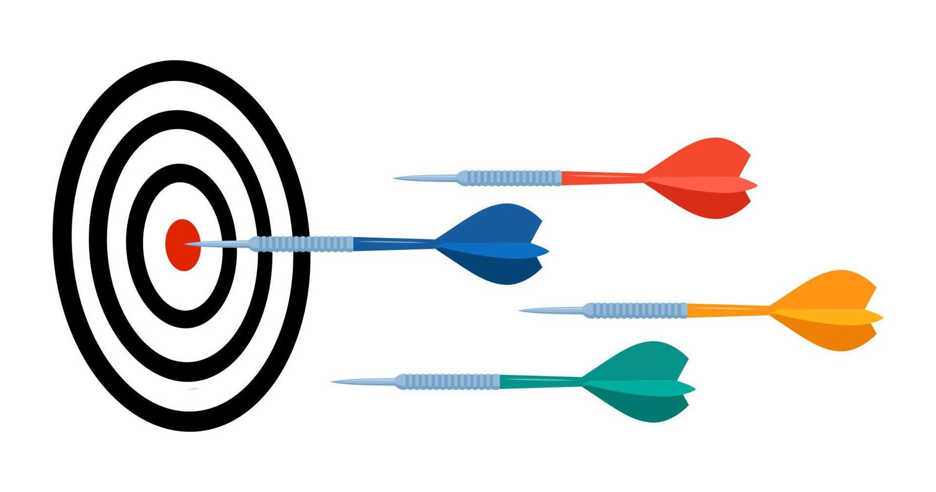 Darts hit to center of dartboard. Arrow on bullseye in target. Business success, investment goal, opportunity challenge, aim strategy, achievement focus concept. Vector illustration.