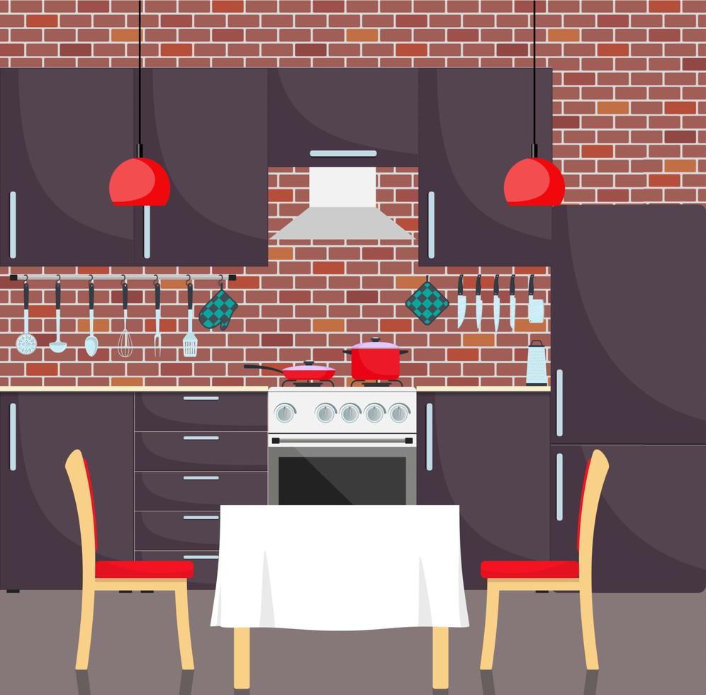 interior de cocina con estilo moderno. Utensilios y electrodomésticos de cocina, muebles, cocina a gas, nevera. sartén y sartén en la estufa. ilustración vectorial en estilo plano. vector