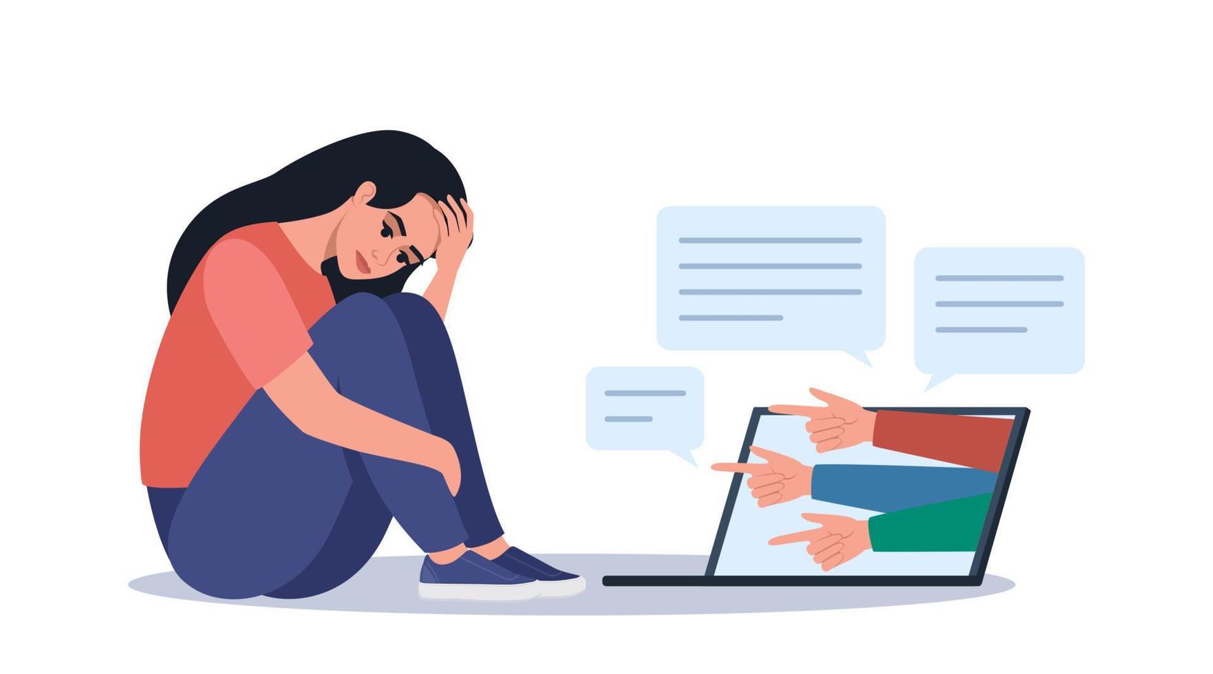 Cyber bullying. Depressed woman sitting on the floor, hands with index fingers pointing at her. Opinion and the pressure of society. Shame. Vector illustration.