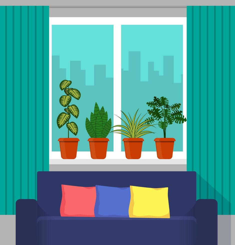 Big window with curtain and plants in pots on the windowsill, the couch in the foreground. City outside the window. Vector illustration in flat style.