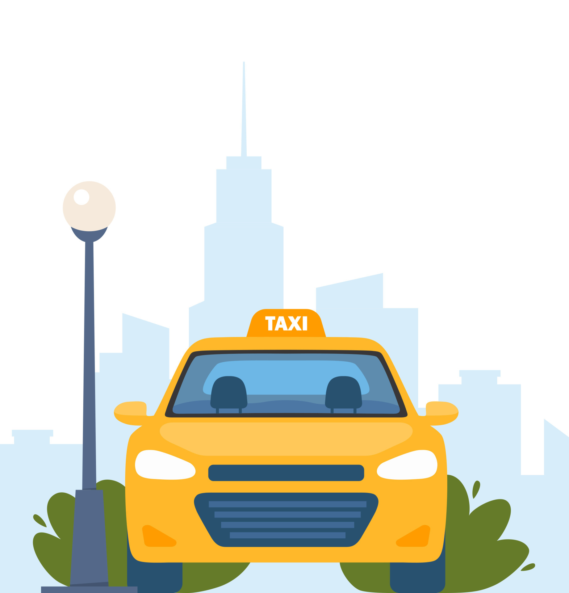 Yellow Taxi Car Front View On City Landscape Background Vector yellow-taxi-car-front-view-on-city-landscape-background-vector