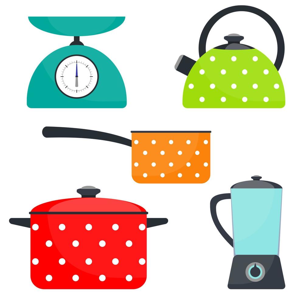 Kitchen utensils, set. Frying pan, saucepan, kettle, mixer, scales. Vector flat illustration.