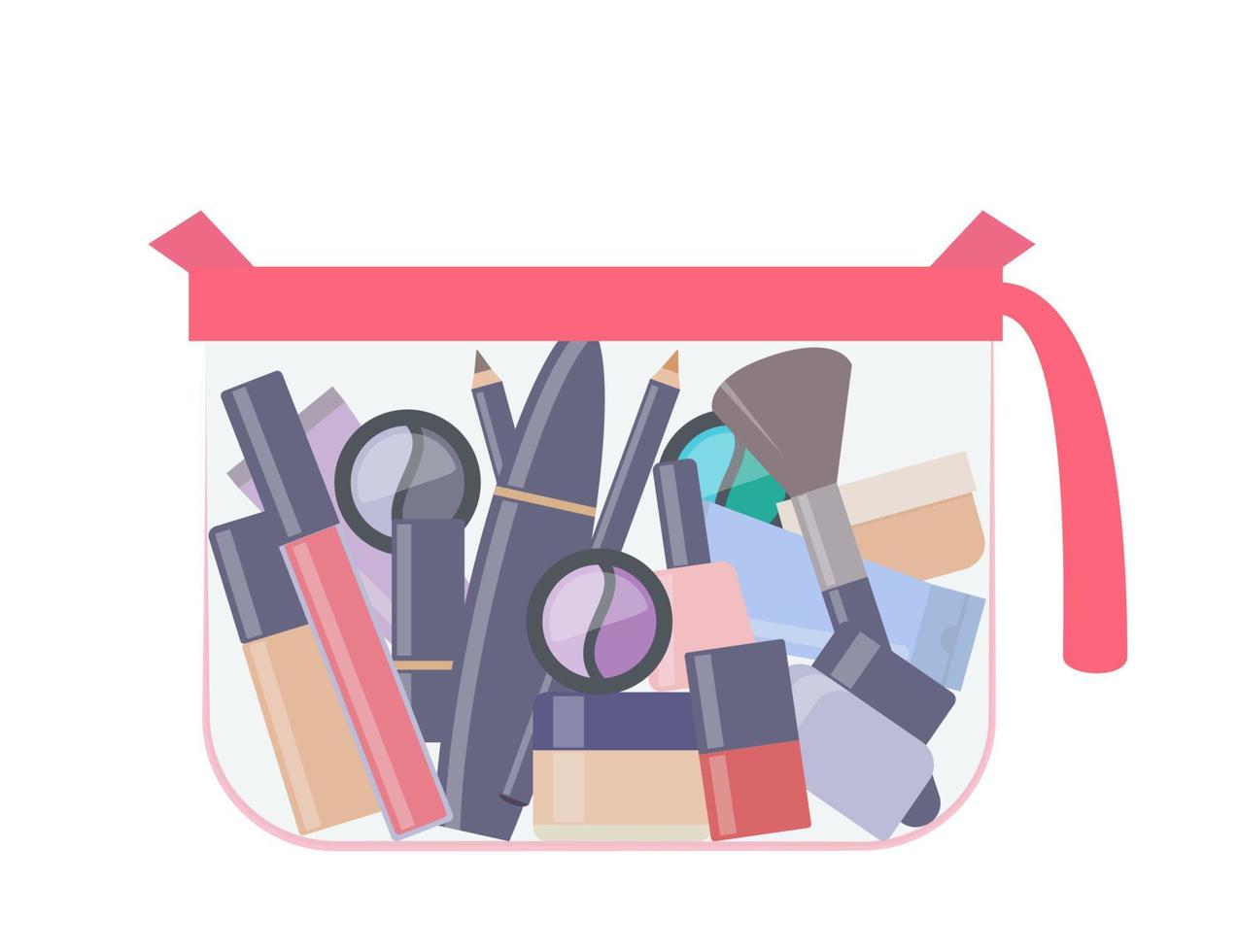 bolsa cosmética transparente de plástico con productos de maquillaje. diferentes cosméticos decorativos. todo para maquillar. ilustración vectorial vector