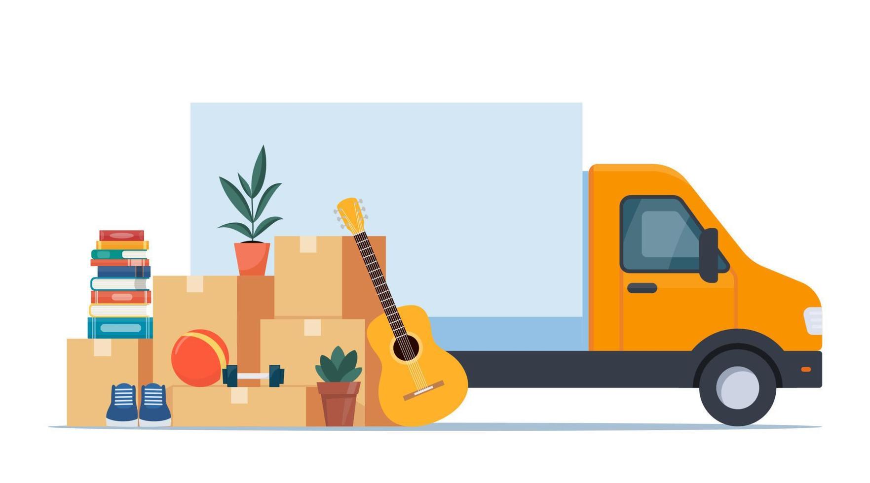 camión y artículos para el hogar. mudarse a una nueva casa. trasladado a un nuevo hogar. cajas con mercancías. transporte de paquetes. cosas, ropa, muebles. ilustración vectorial vector