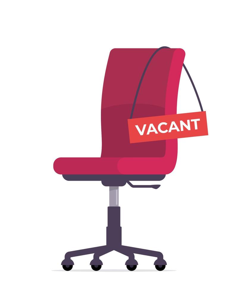 Red office chair and sign vacant. Business hiring and recruiting concept. Vector illustration.