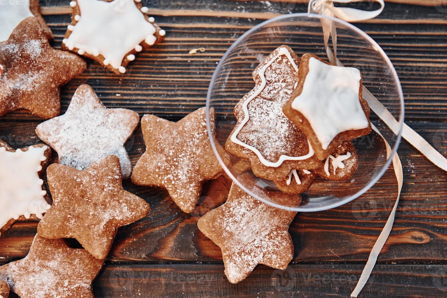 Cookies and sphere object. Christmas background with holiday decoration photo