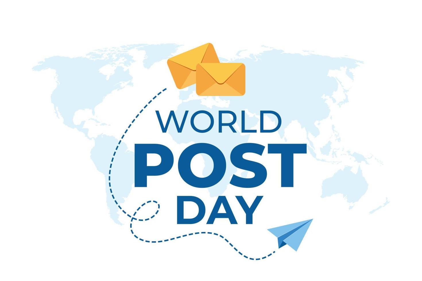 World post day design template with envelopes and world map on background. Simple design for greeting cards, banner or print. Vector illustration.