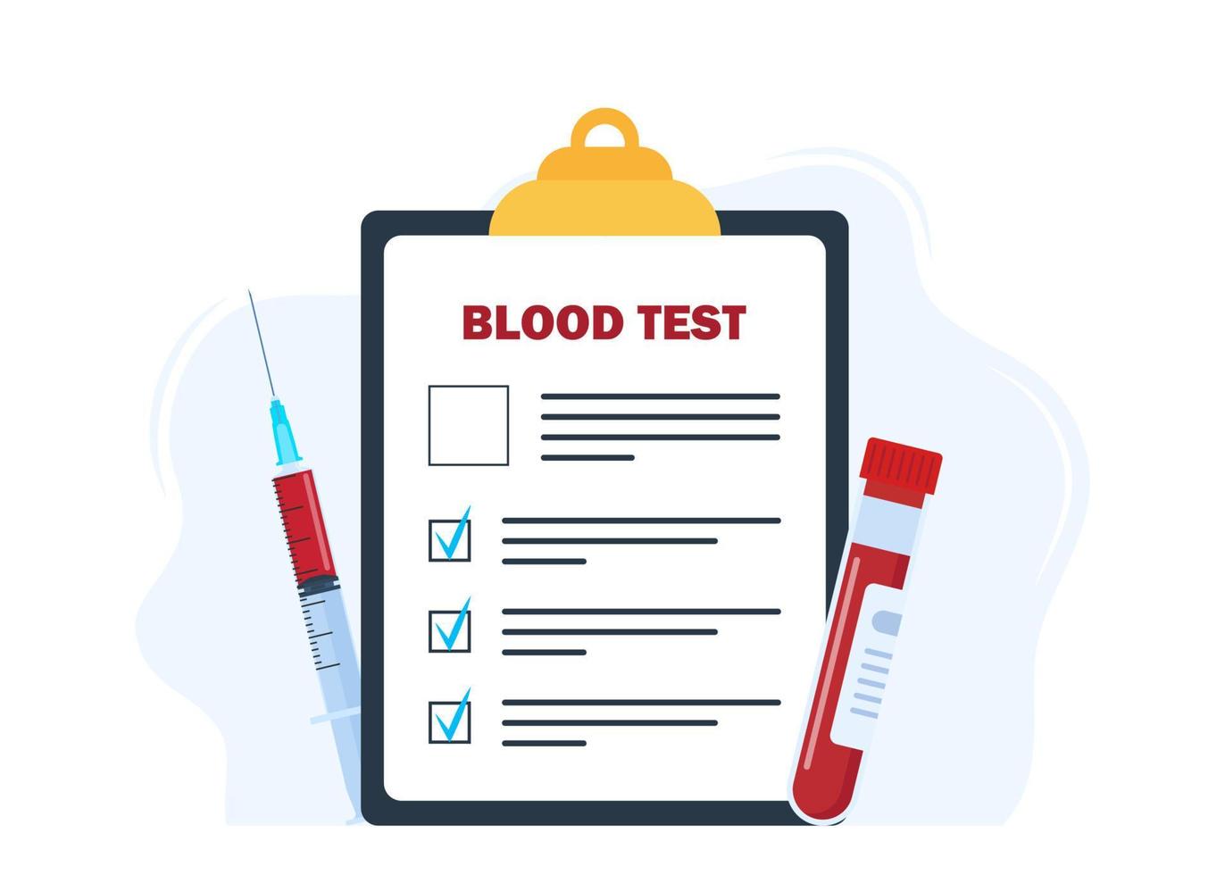 Medical blood test concept. Chemical laboratory analysis, medical office or laboratory. Patient blood in test tubes. Exam checklist blank document. Banner, flyer, landing page. Vector illustration.