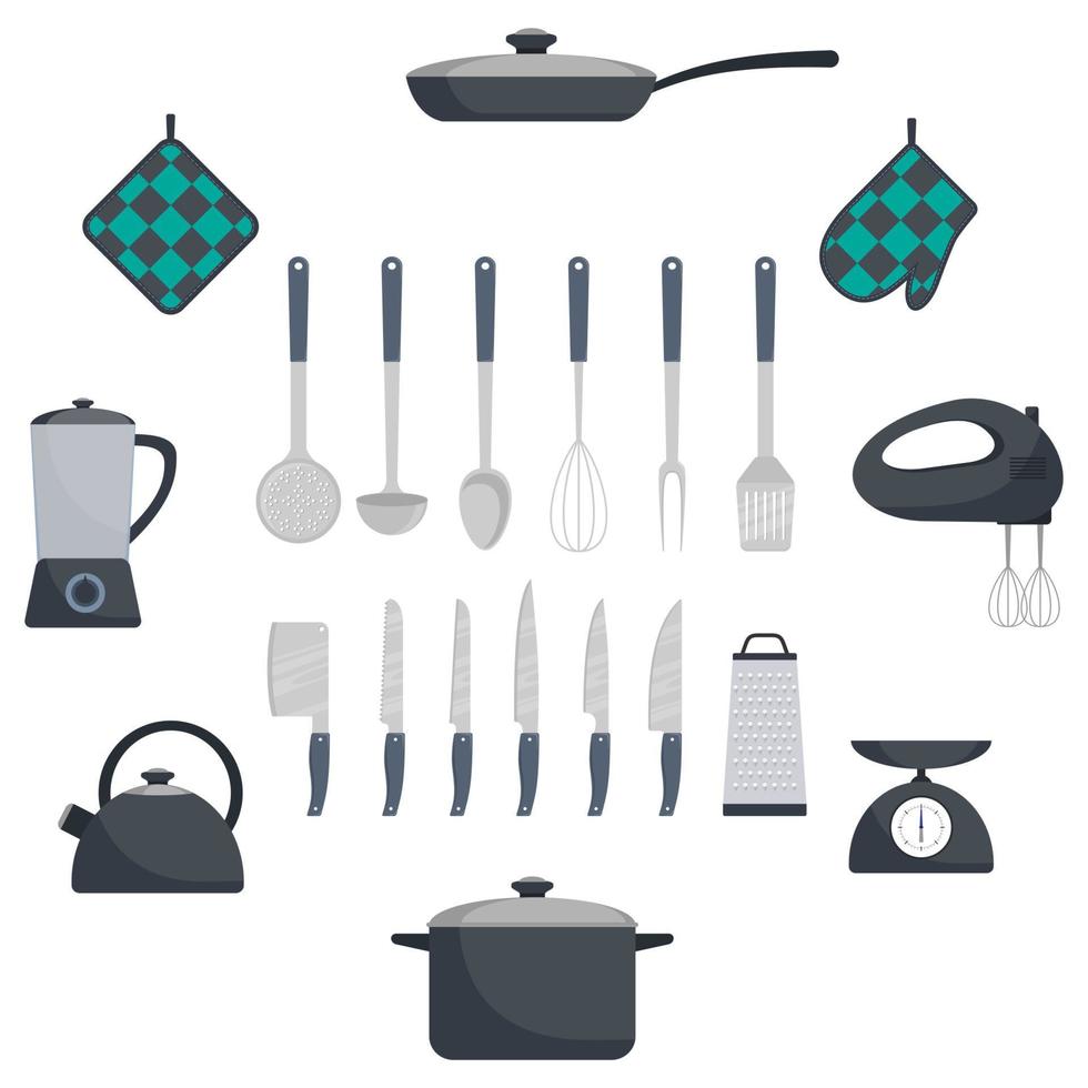 Kitchen utensils and appliances, set. Frying pan, saucepan, kettle, mixer, blender scales, oven mitts, ladle, spatula, whisk, skimmer, spoon, grater, kitchen axe, knife. Vector flat illustration.