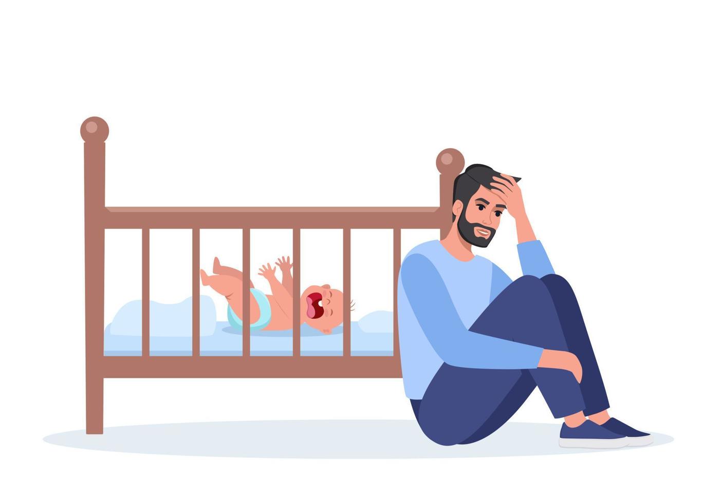 Young tired dad at night with baby crying on crib. Unhappy daddy, exhausted and stressed, next to the newborn's crib. Child is crying hysterically and pulling up the handles. Vector illustration.