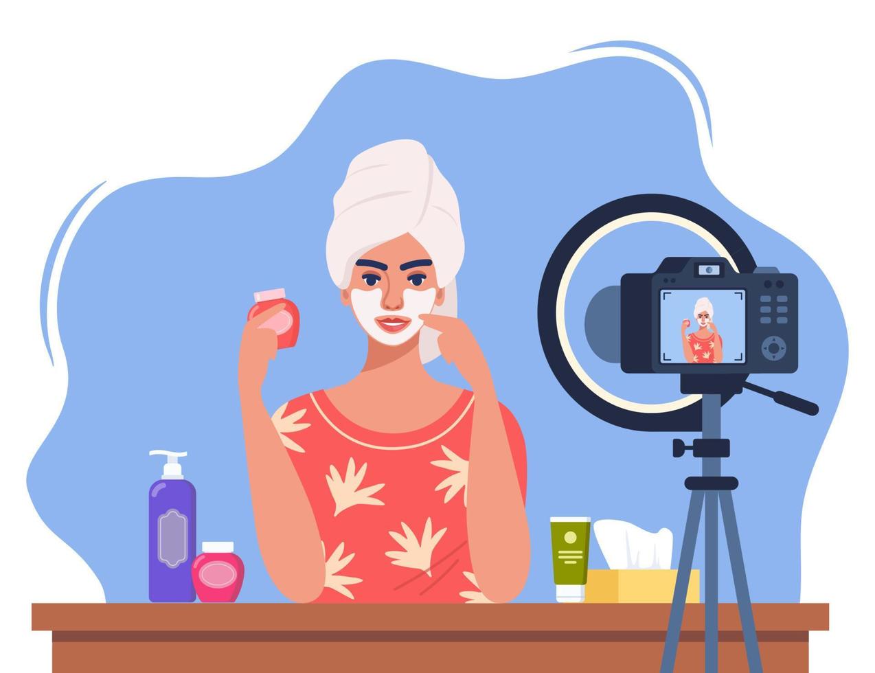 Woman beauty blogger recording skin care tutorial video for her vlog. Girl talking and showing cosmetic products in front of camera. Vector illustration.