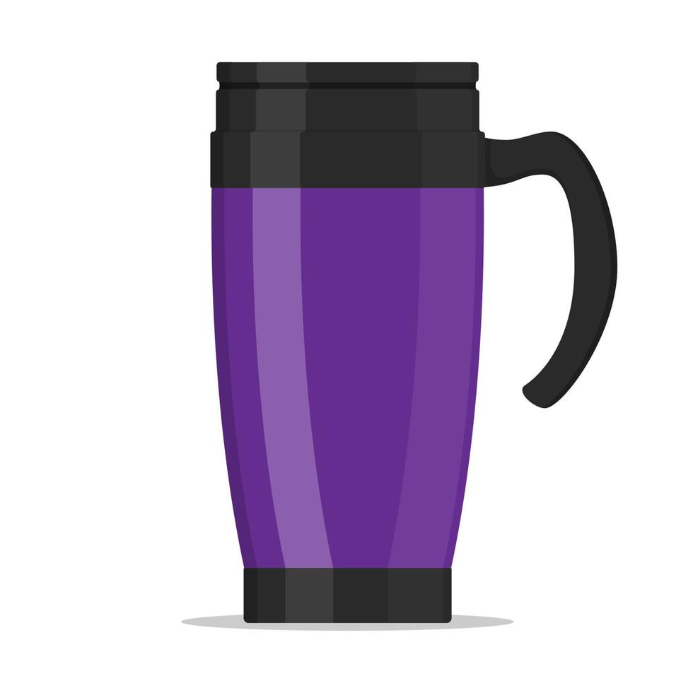 Modern violet thermo cup, travel mug, thermos isolated on white background. Vector illustration in flat style.