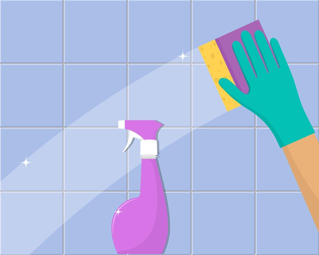 concepto de limpieza. mano en guante de goma limpia el azulejo con esponja y spray de limpieza. diseño de banner de servicio de limpieza. ilustración vectorial en estilo plano. vector