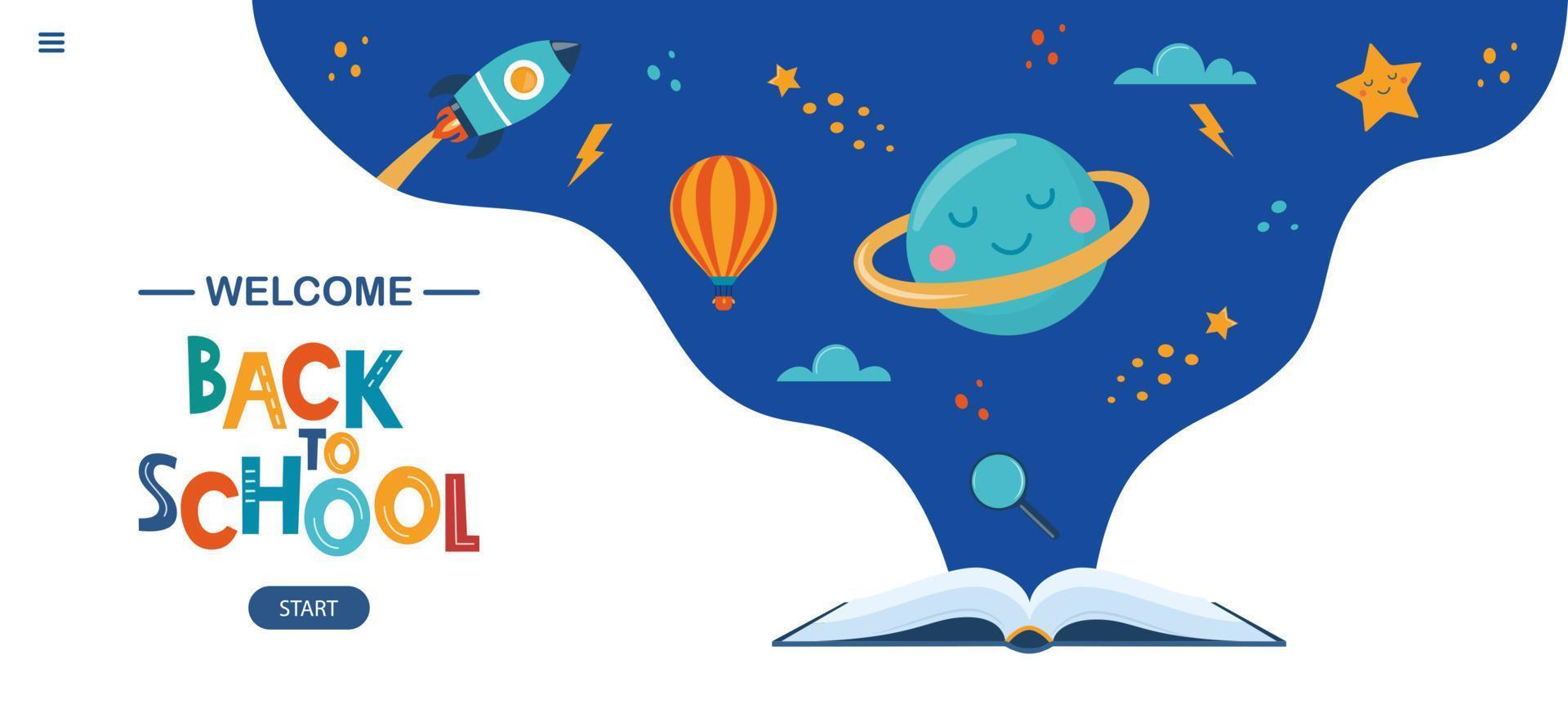 libro abierto y elementos espaciales. planeta, cohete, estrella, nube, aerostato. concepto de educación para niños. conocimiento, creatividad, descubrimientos. diseño para banner motivacional educativo. De vuelta a la escuela. vector. vector