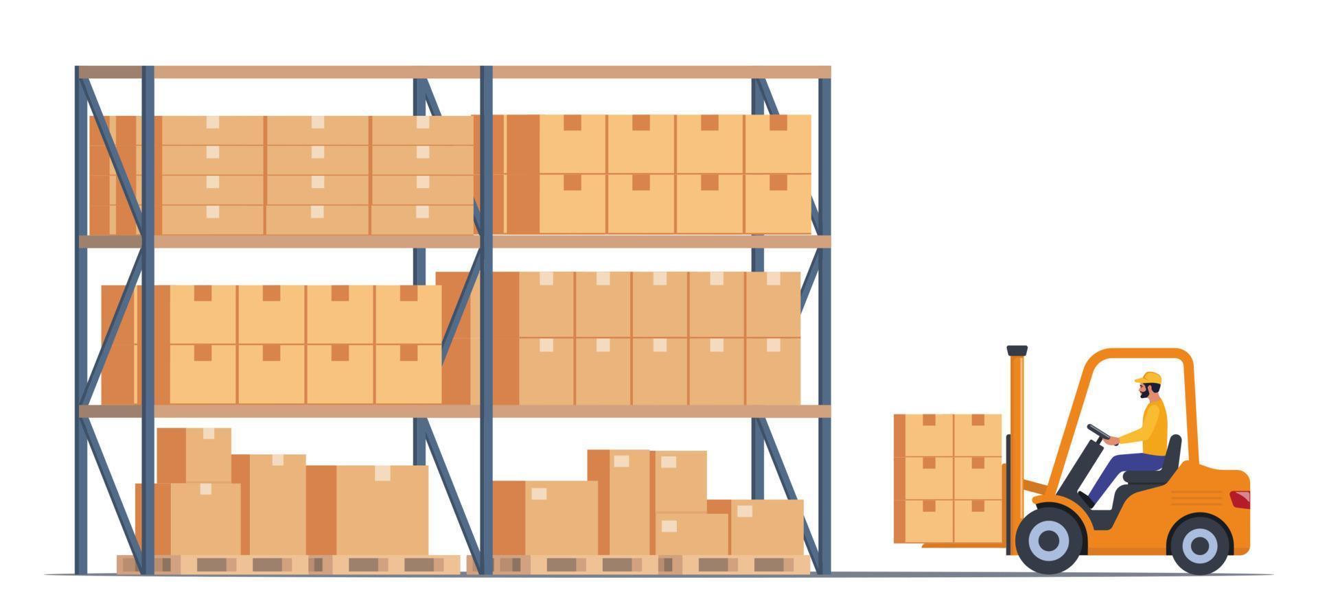 Moving boxes in the warehouse by means of a hydraulic forklift truck. Storage, sorting and delivery. Storage equipment. Flat vector illustration.