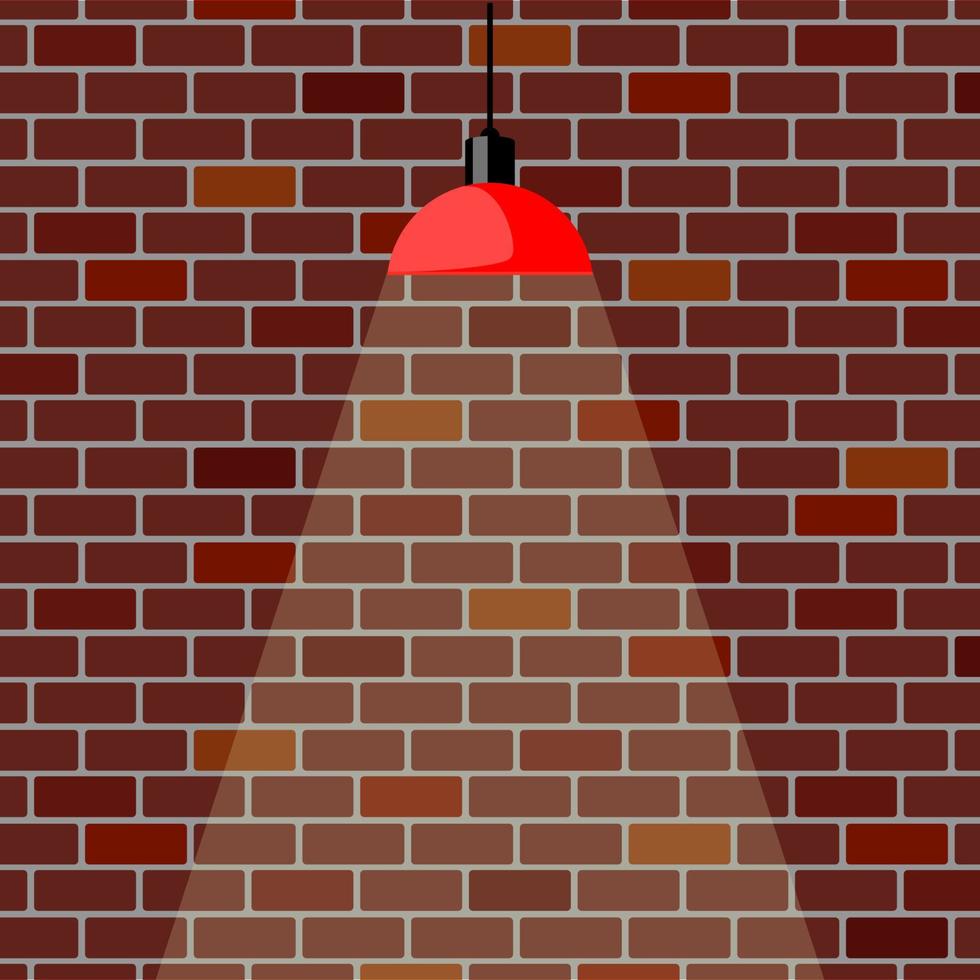 Colorful brick wall, illuminated by hanging lamp. Brick wall background. Red ceiling lamp. Vector illustration in flat style.