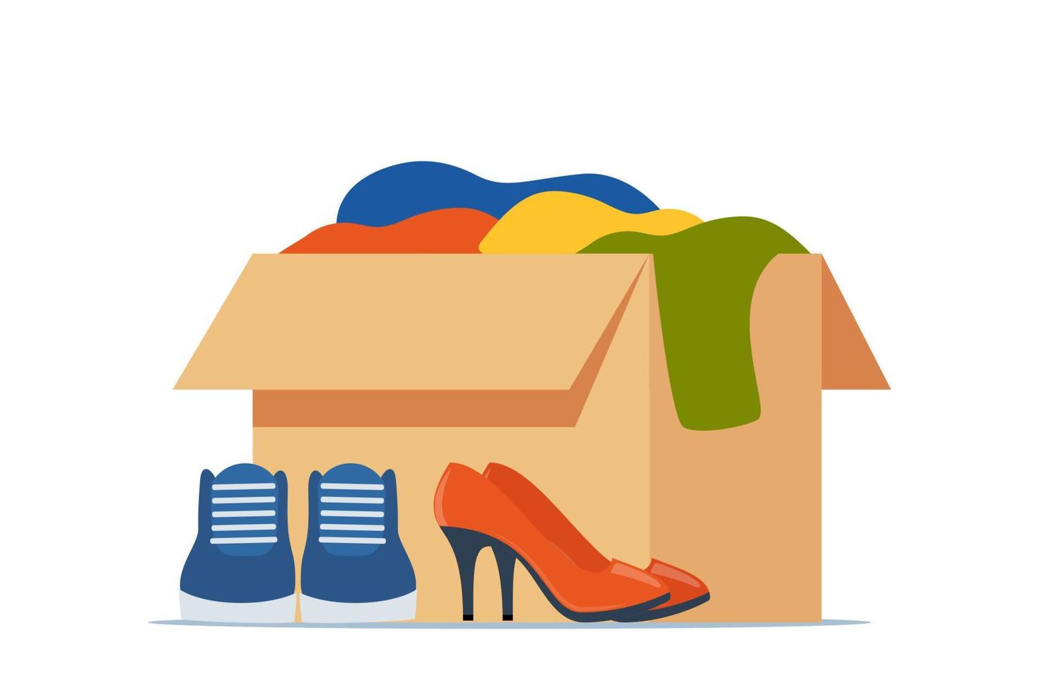 Paper cardboard boxes with various household thing. Moving to new house. Family relocated to new home. Package for transportation. Things, clothes, furniture, books. Vector illustration.