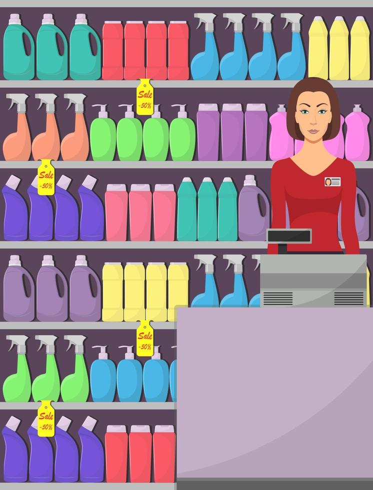 The cashier at the supermarket, shop assistant, cash register, shelves with household chemicals in shop. Vector illustration, flat style.