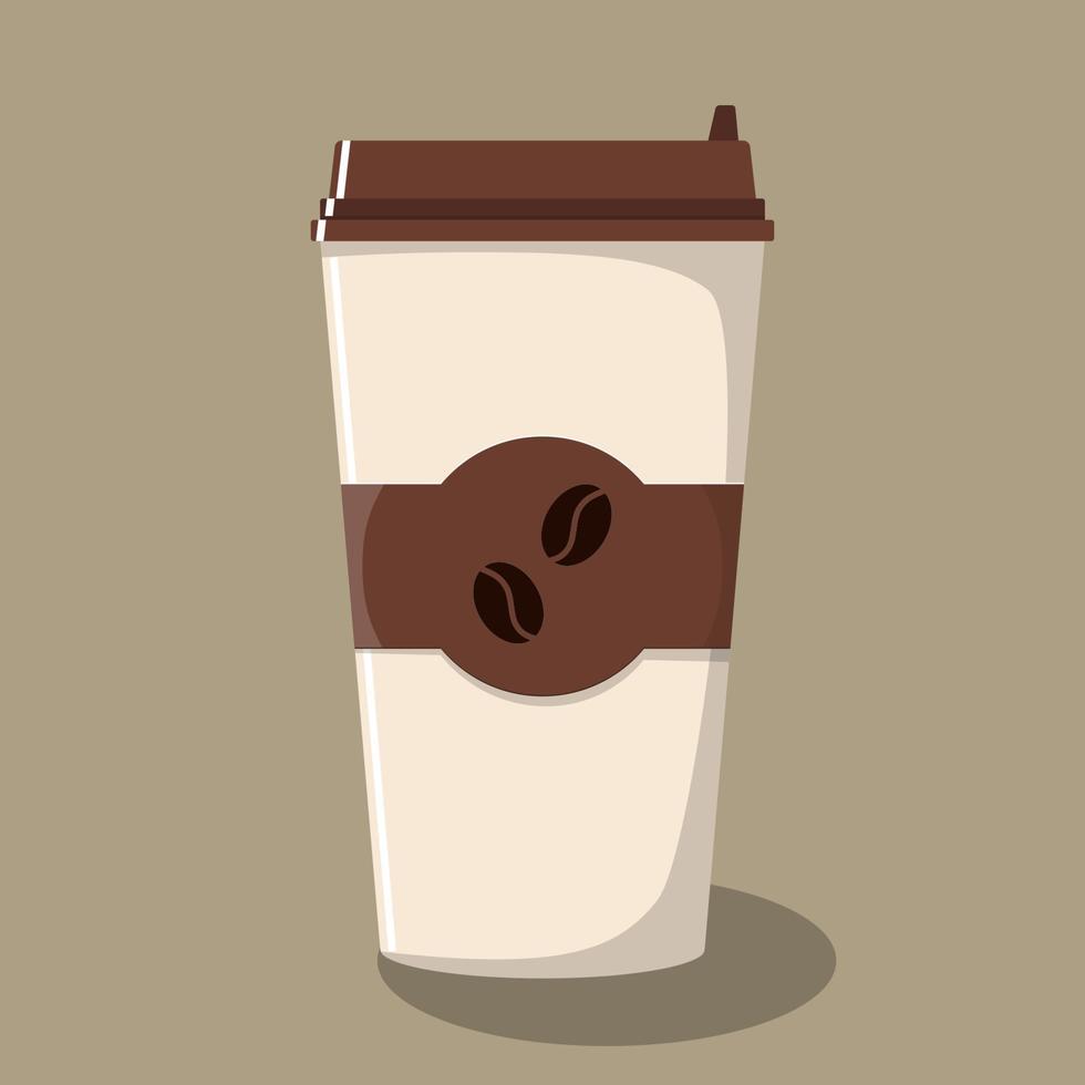 taza de café de papel con tapa y emblema con granos de café. café para llevar. Café para llevar. ilustración vectorial en estilo plano. vector