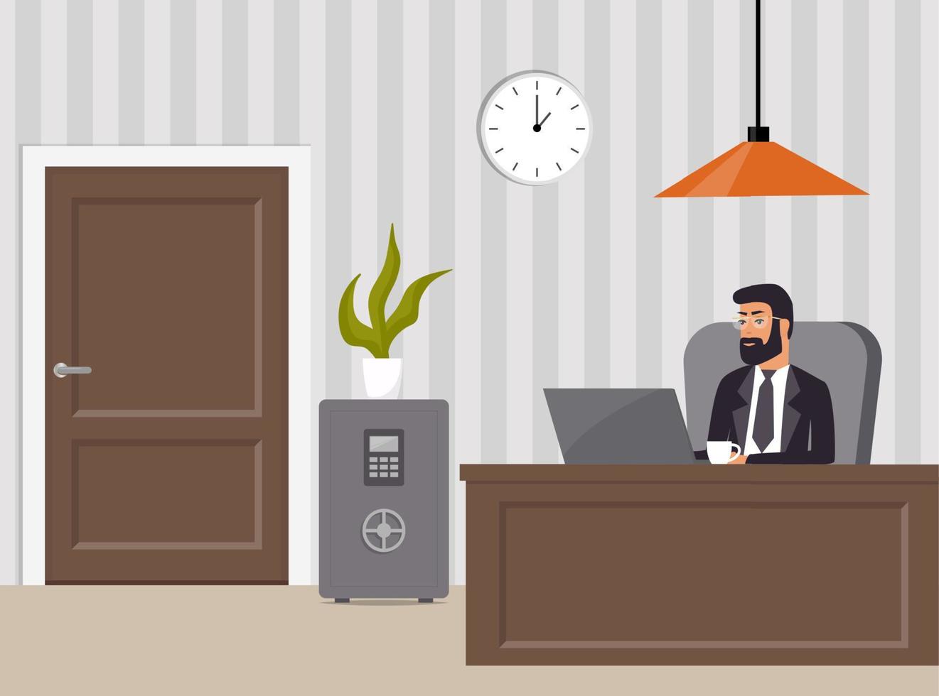 oficina del jefe. jefe con traje y gafas, trabajando en una laptop. mesa, caja fuerte, silla, maceta, reloj y lámpara. interior de la oficina. ilustración vectorial vector