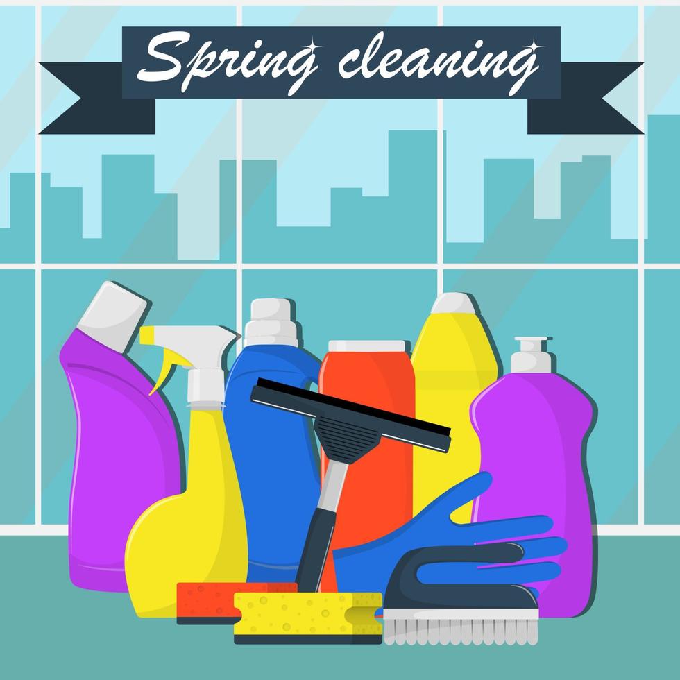 Spring cleaning concept. Bottles of detergent, washing powder, bottle of spray, cleaning sponge, cleaning brush, glass scraper, rubber gloves. Big window and city on background. Vector illustration.