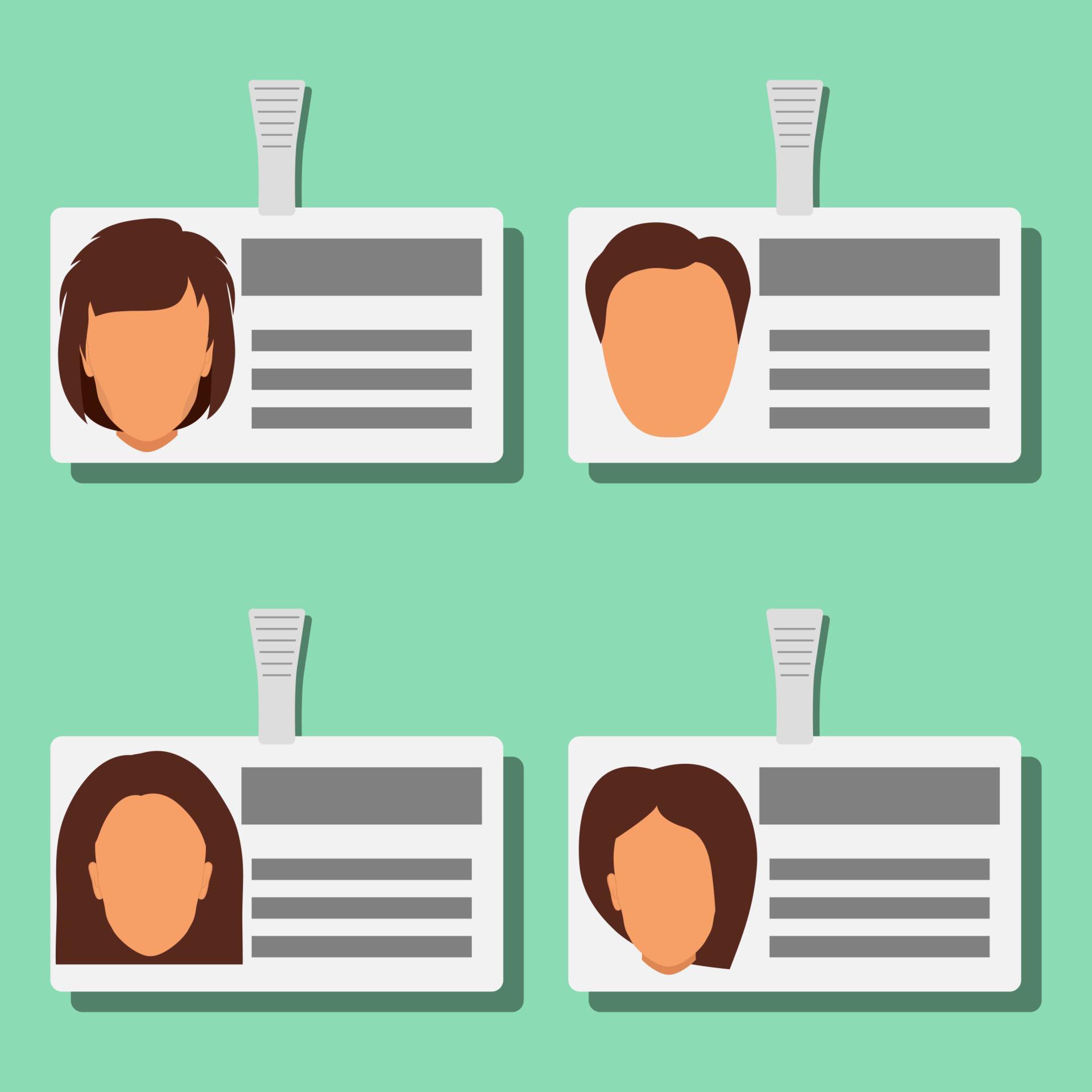 Name tags, set. Plastic horizontal badges. Name card icons. Collection of id cards with clasps