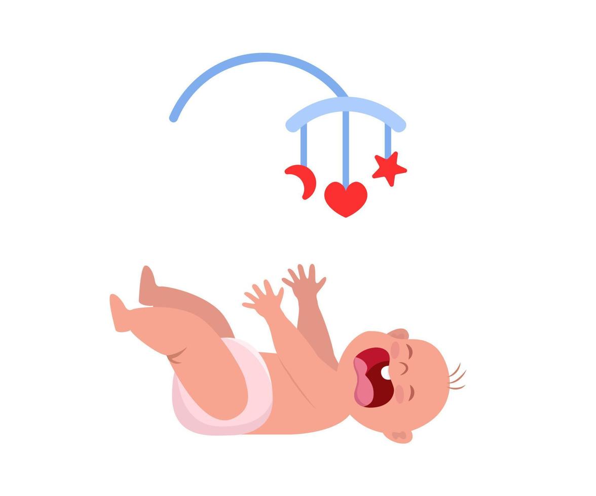 Little baby crying hesterically. Crying baby lies and pulls up the handles. Little kid being unhappy. Baby bed carousel toy above him. Vector Illustration.
