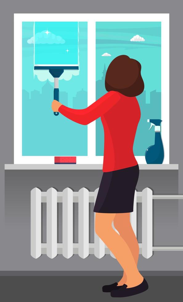 Woman washing the window with a scraper. Window cleaning. Scraper glides over the glass, making it clean. Spray glass cleaner and a sponge on windowsill. Vector illustration in flat style.