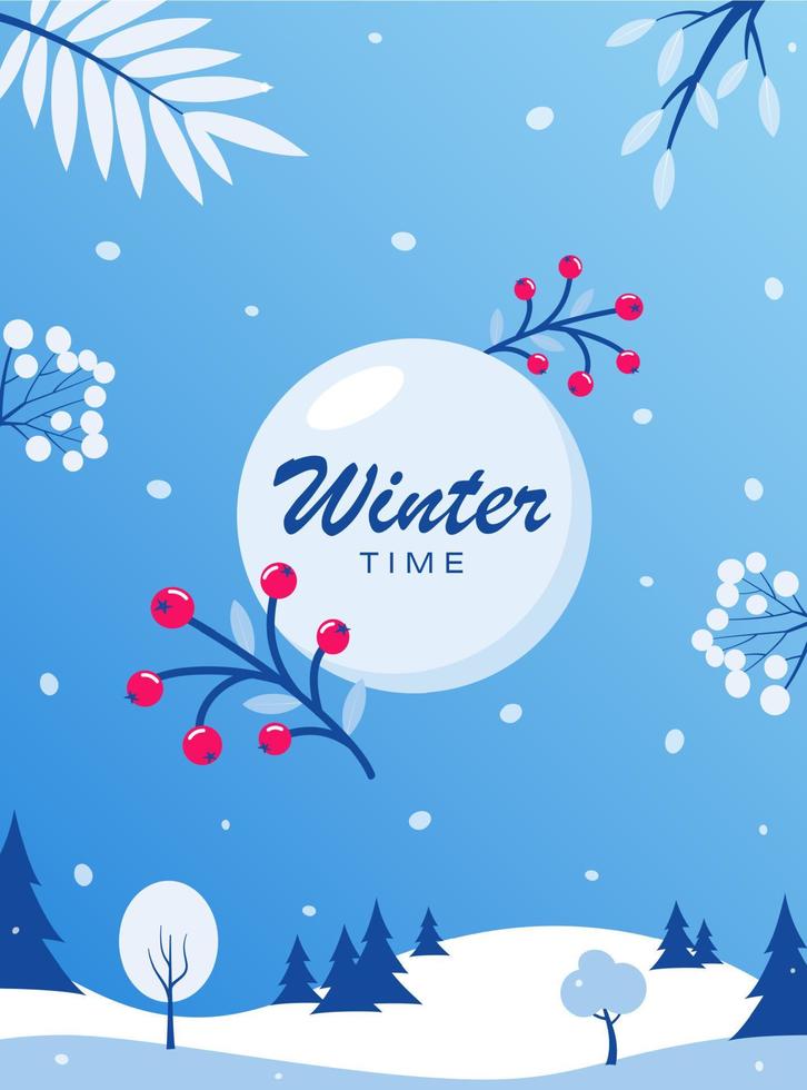 Winter time. Winter social network banner template. Flyer with winter landscape snowy background. Vector illustration.