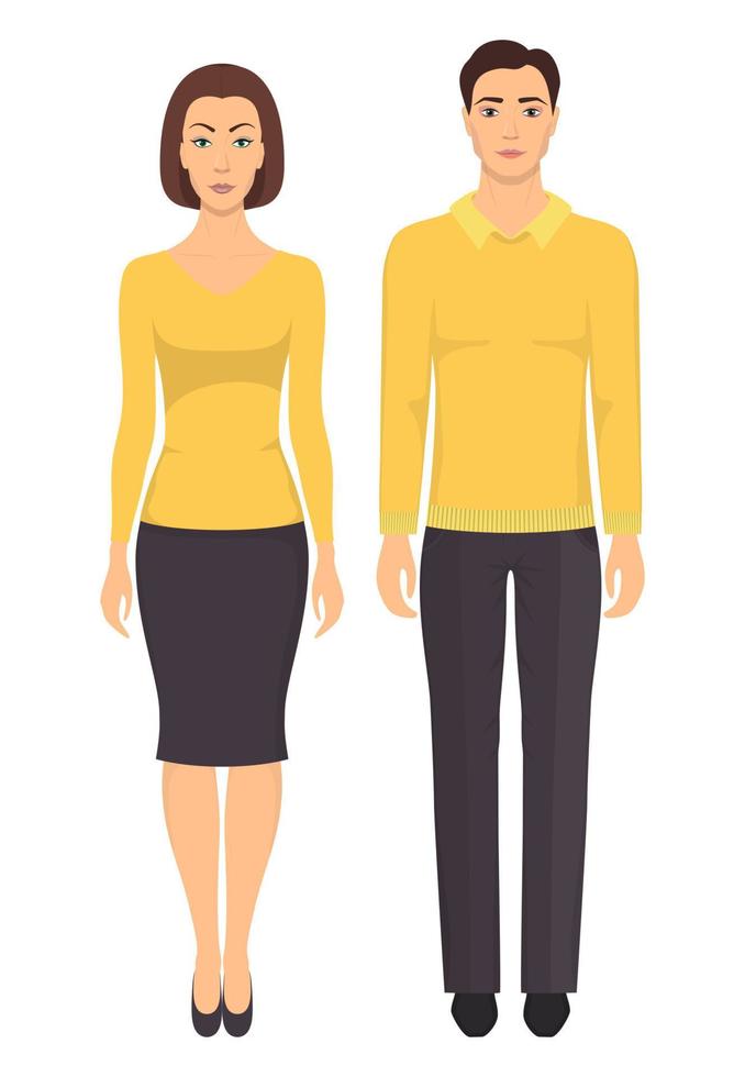 Couple in elegant clothes. Young man and woman standing in full growth in casual clothes. Basic wardrobe. Vector illustration, isolated.