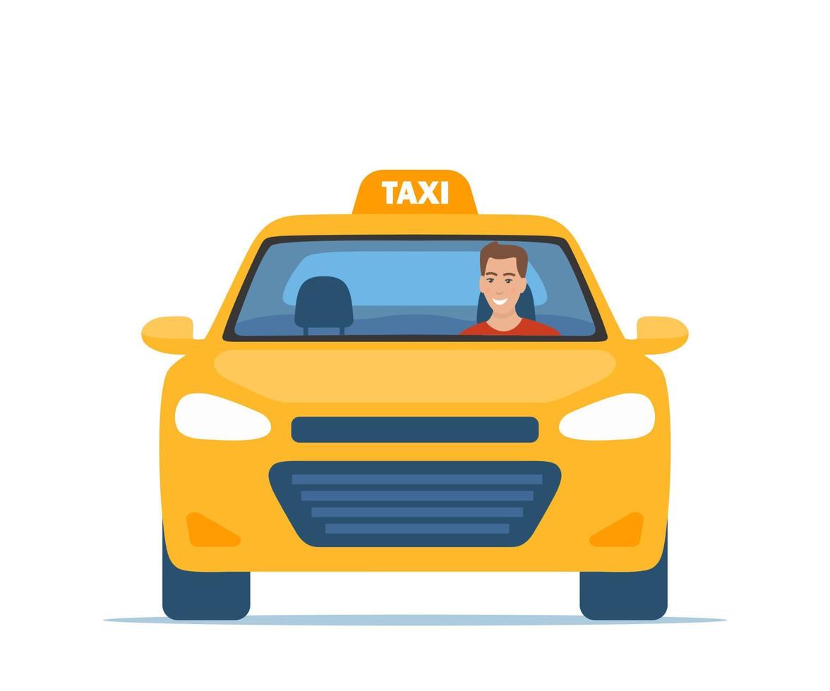Yellow Taxi Car, front view. Taxi with smiling man driver. Vector illustration in flat style.
