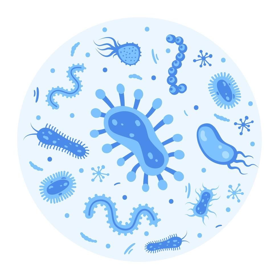 Different bacteria, pathogenic microorganisms in a circle. Bacteria and germs, microorganisms disease-causing, bacteria, bacteria, viruses, fungi, protozoa, probiotic. Vector illustration.