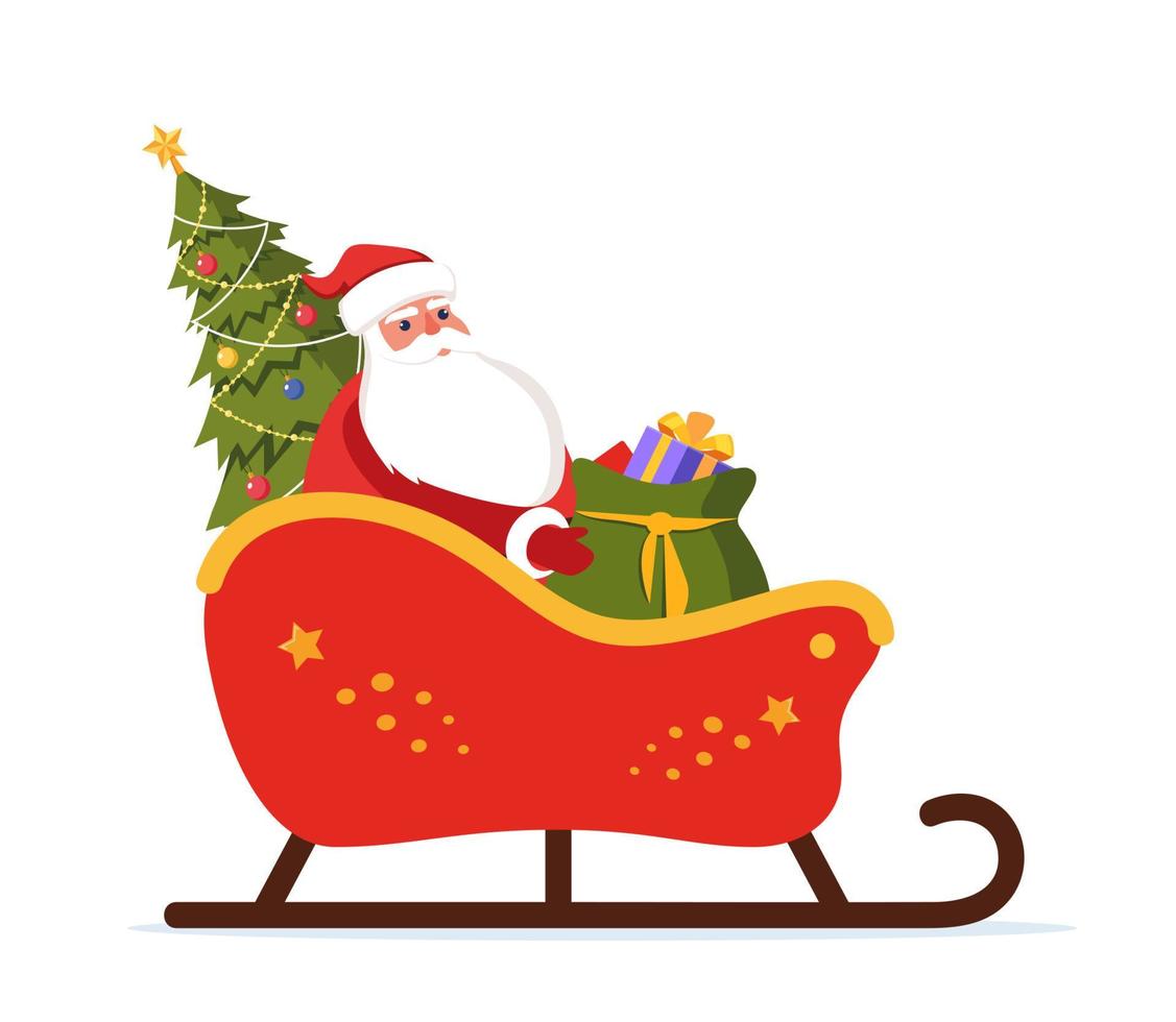 santa claus con regalos y árbol de navidad en trineo. Ilustración de vector de tarjeta de felicitación de Navidad.