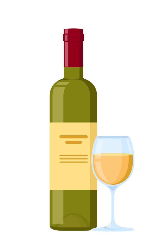 Bottle and glass with White wine. Flat Vector Illustration.