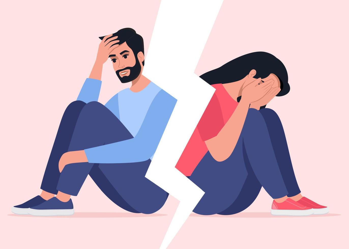 hombre y mujer sentados de espaldas el uno al otro. concepto de divorcio, malentendidos, desacuerdos, problemas de relación. hombre y mujer en una pelea, conflicto. vector. vector