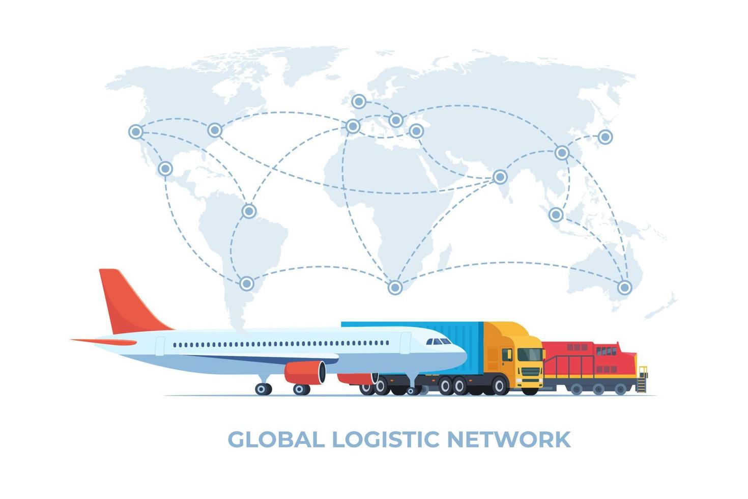 concepto de transporte de logística de carga. red logística mundial. avión de carga, tren, transporte de camiones en un fondo del mapa mundial. importación y exportación. transporte mundial de carga. vector. vector