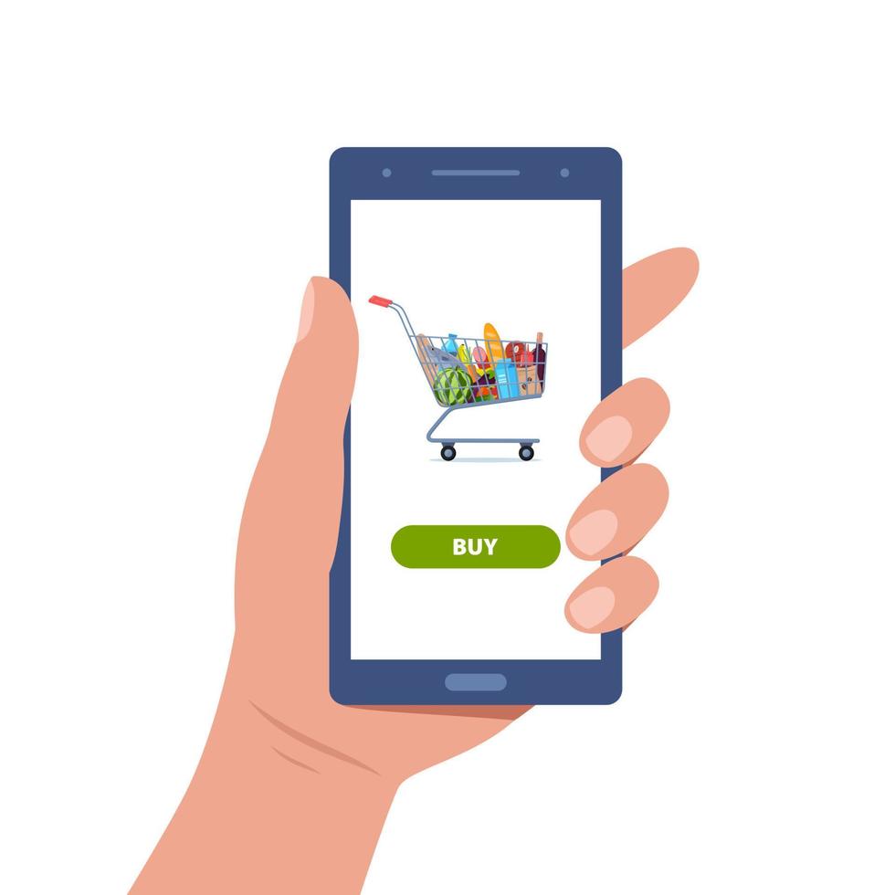 Online food ordering from supermarket using mobile app. Smartphone screen with order button and store cart full of products. Online store concept for infographics, web design. Vector illustration.