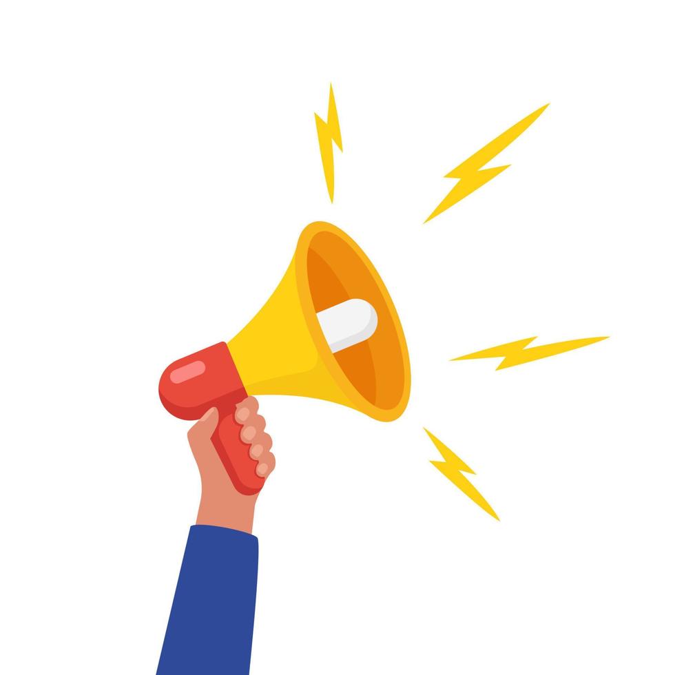 Hand holds loudspeaker. Emergency warning loud template. Protest, warning, rally, action. Vector illustration.