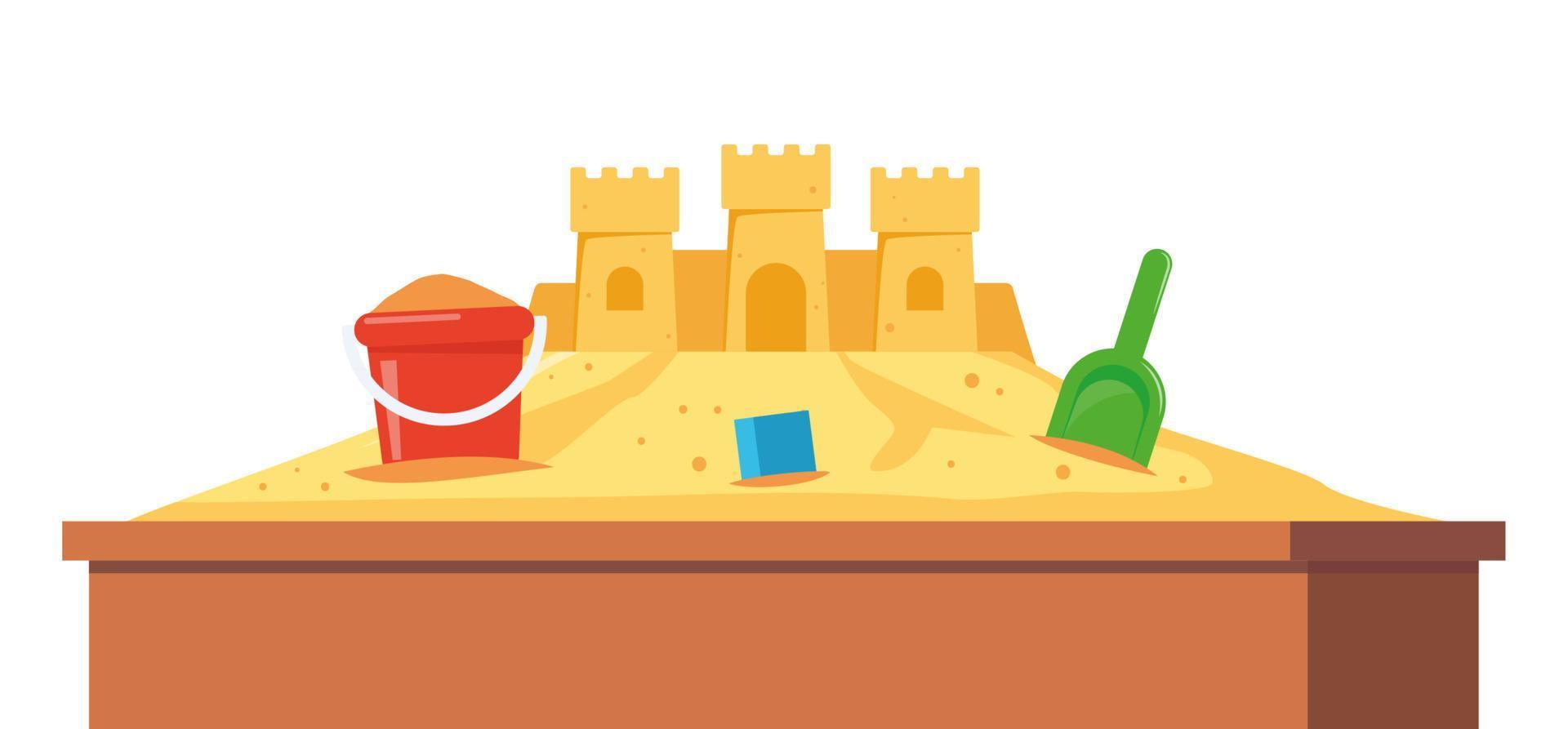 Sandbox with pile of sand, sand castle and children toys in flat style. Sandpit with kids shovel, bucket on pile of yellow powder. Vector illustration.