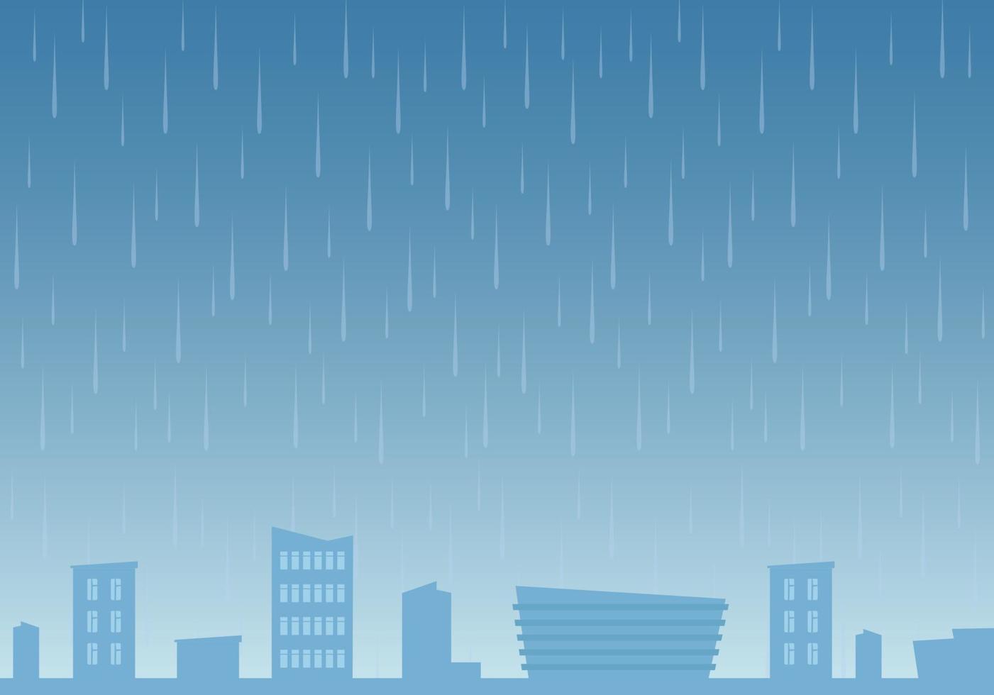 Rain on city background. Rainy day. Urban landscape in rainy weather. Vector illustration in flat style.