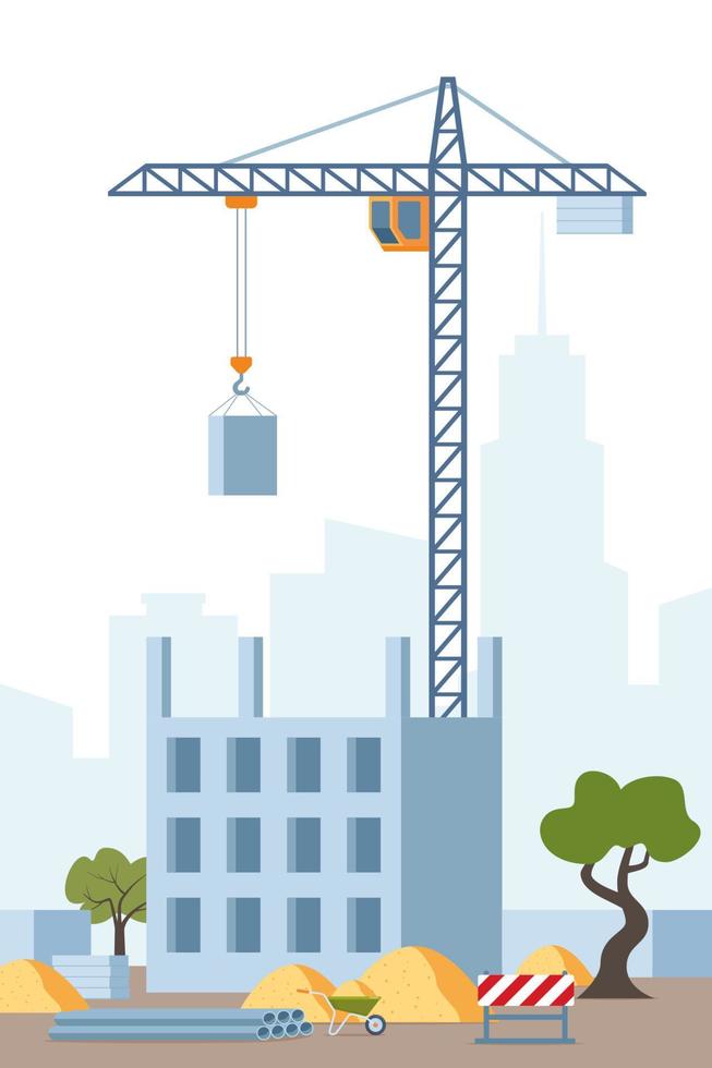 proceso de trabajo de construcción con casas y grúa torre. paisaje de la ciudad en el fondo. ilustración vectorial vector