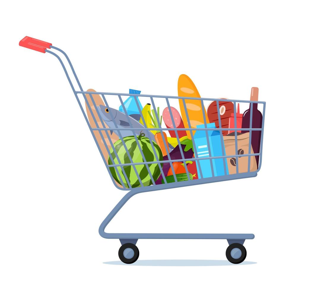 Shopping trolley full of food, fruit, products, grocery goods. Grocery shopping cart. Buying food in supermarket. Vector illustration for advertising banner, sale flyer.