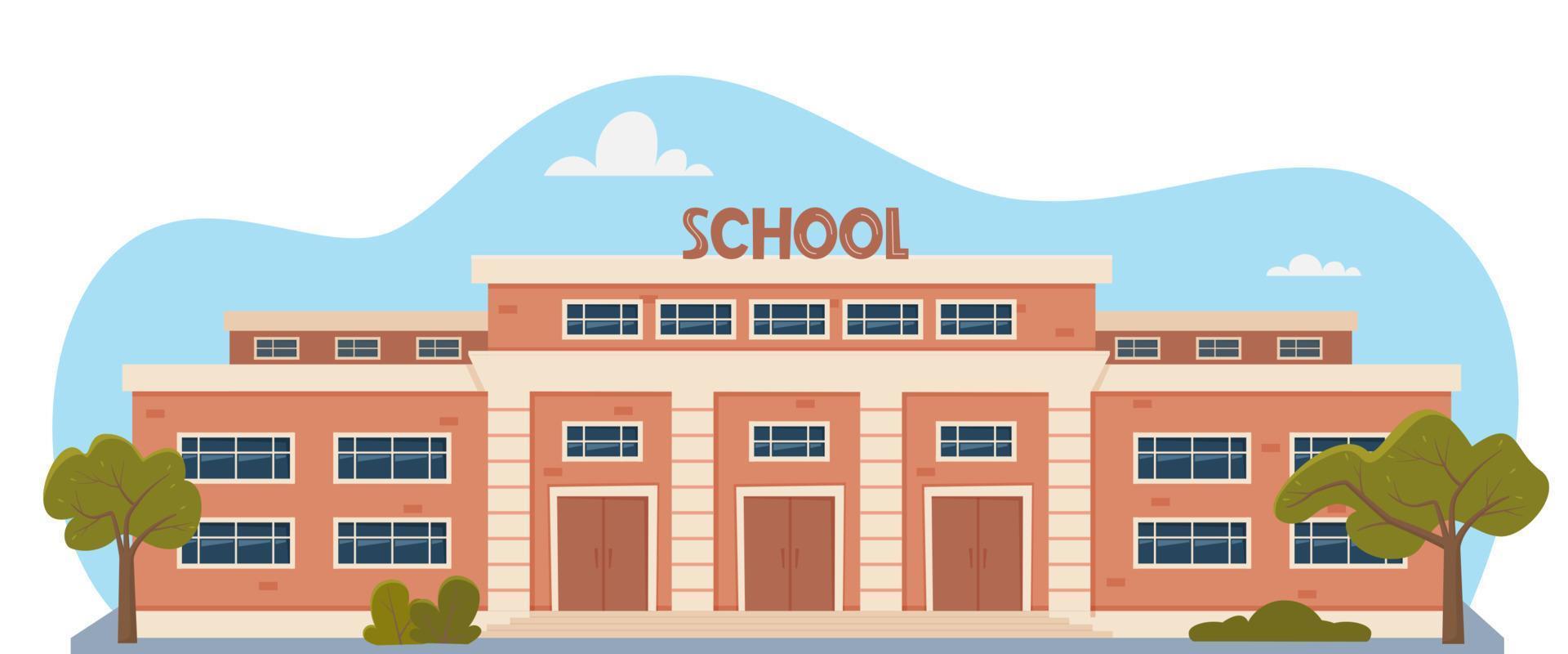 Modern School Building Exterior. Welcome Back To School. Educational architecture, facade of high school building with large windows. Design for flyer, banner, card. Vector illustration.
